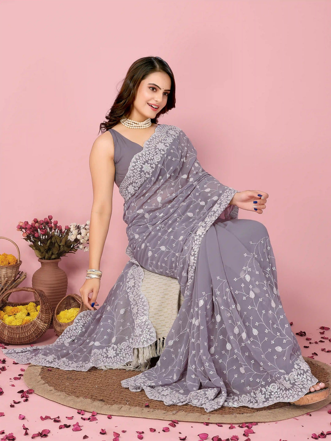 Georgette Saree with Thread & Sequin Embroidery | Art-Silk Blouse for Weddings