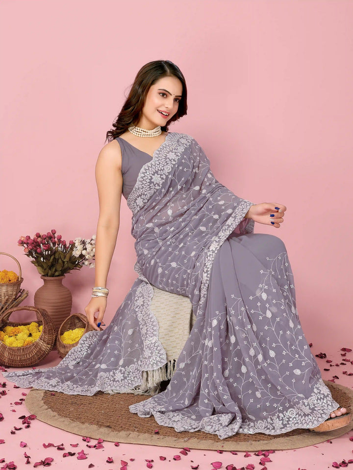 Georgette Saree with Thread & Sequin Embroidery | Art-Silk Blouse for Weddings