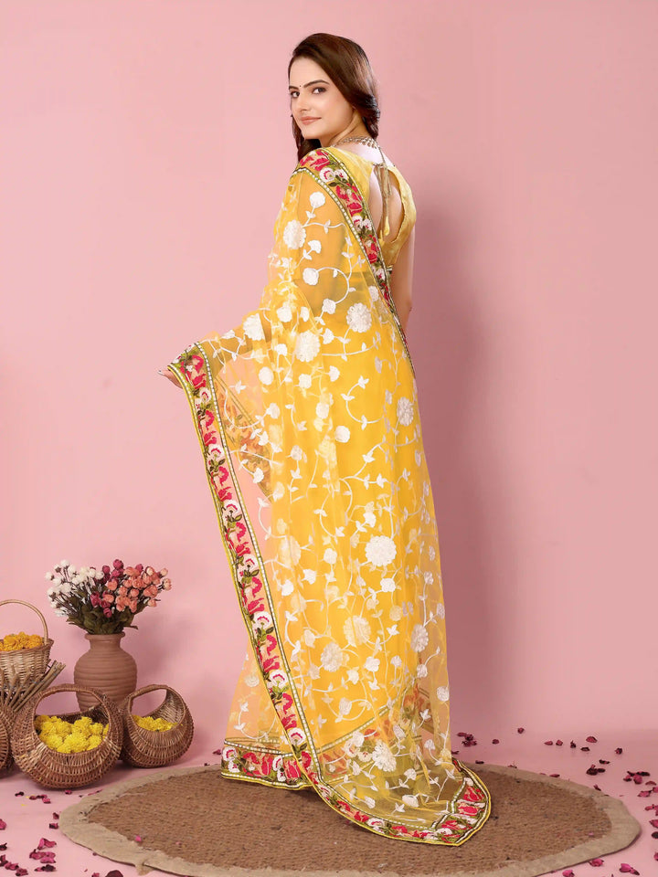 Elegant Soft-Net Saree with Multi-Thread Embroidery | Wedding & Festive Wear