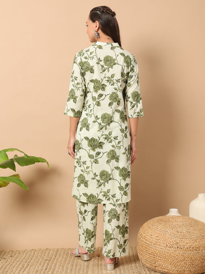 Pista Green Kurti & Bottom Set | Three-Quarter Sleeves & Floral Print