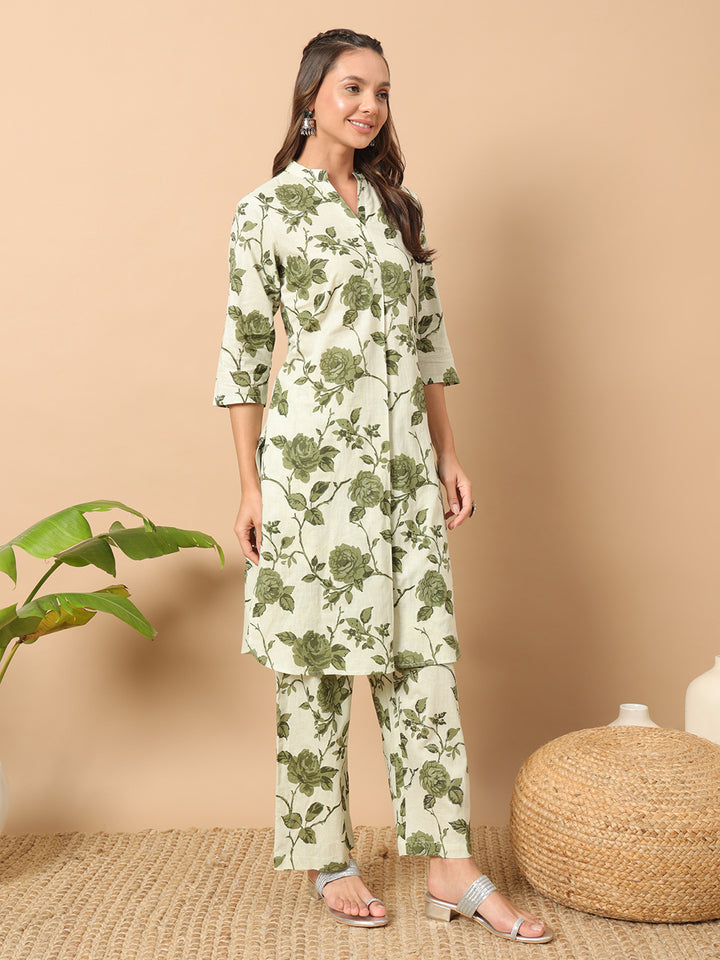 Pista Green Kurti & Bottom Set | Three-Quarter Sleeves & Floral Print