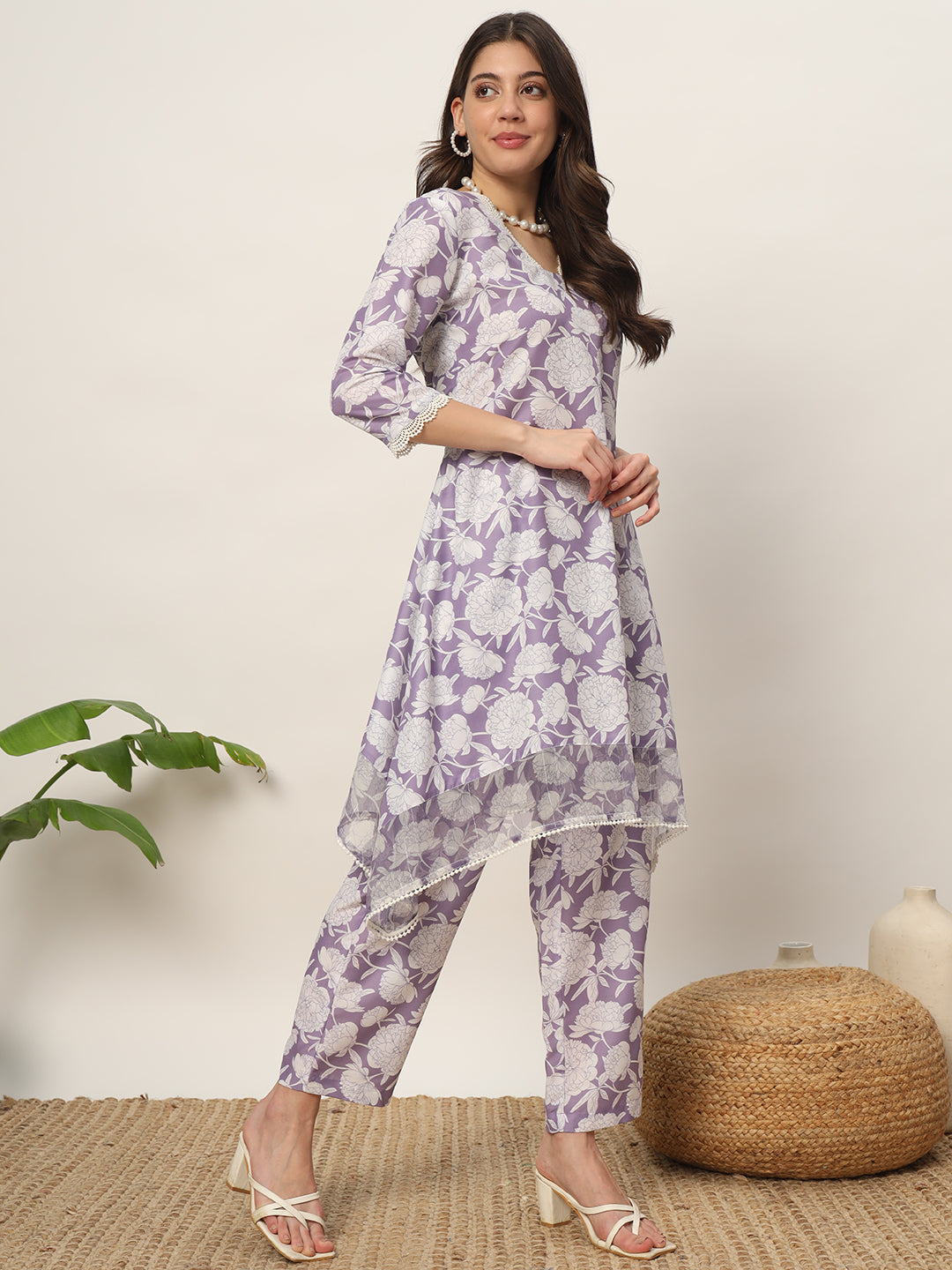 Mauve Designer Printed Kurti & Bottom Set | V-Neckline & Three-Quarter Sleeves