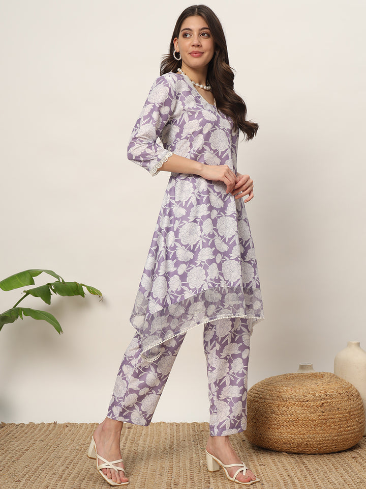 Mauve Designer Printed Kurti & Bottom Set | V-Neckline & Three-Quarter Sleeves