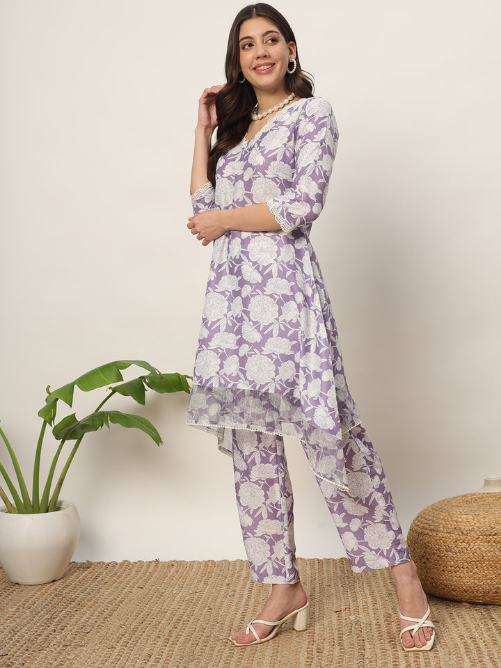 Mauve Designer Printed Kurti & Bottom Set | V-Neckline & Three-Quarter Sleeves
