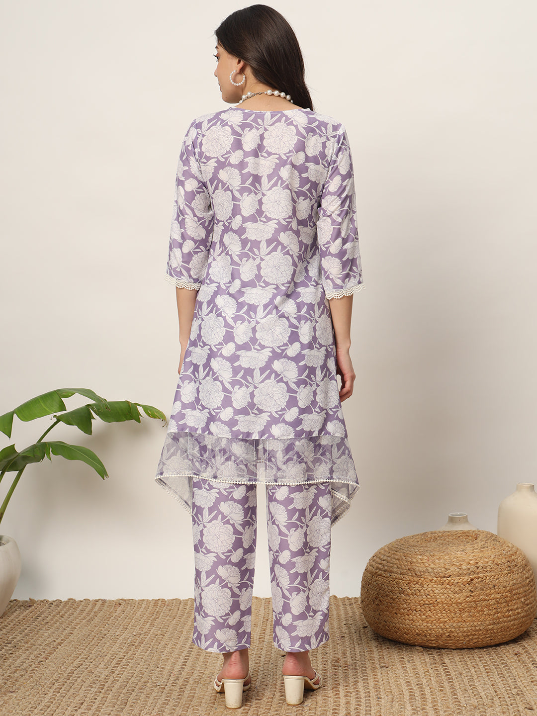 Mauve Designer Printed Kurti & Bottom Set | V-Neckline & Three-Quarter Sleeves