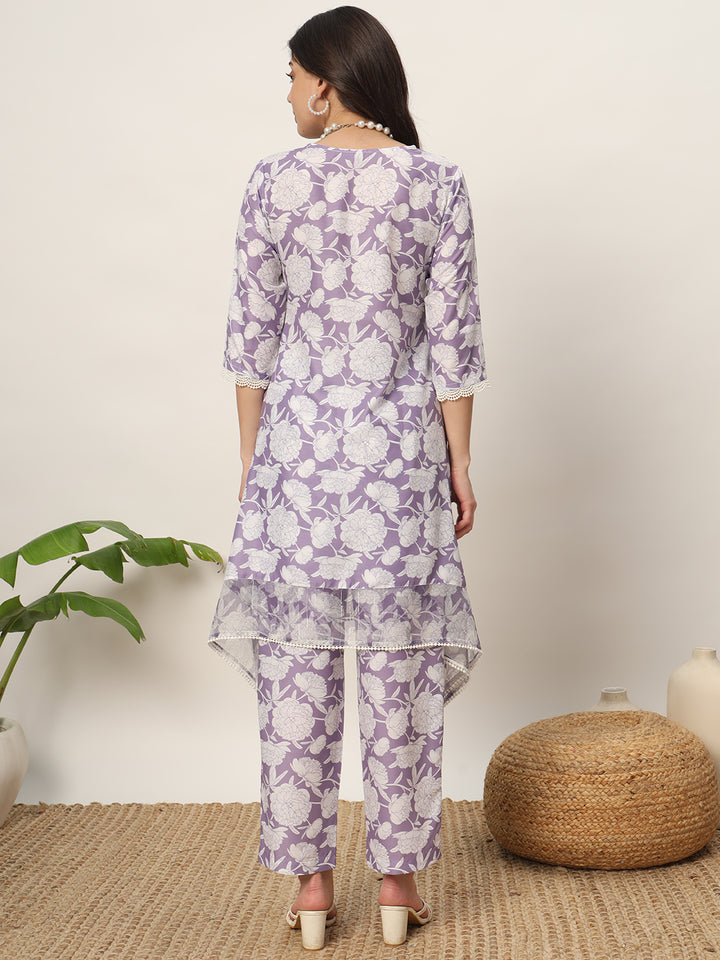 Mauve Designer Printed Kurti & Bottom Set | V-Neckline & Three-Quarter Sleeves