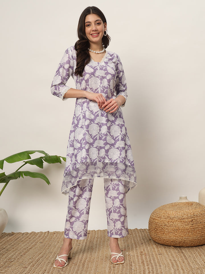Mauve Designer Printed Kurti & Bottom Set | V-Neckline & Three-Quarter Sleeves