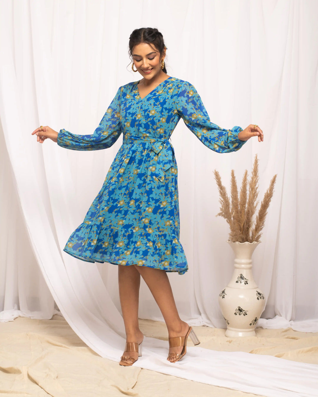 Blue Designer Printed Kurti | V-Neckline & Full Sleeves