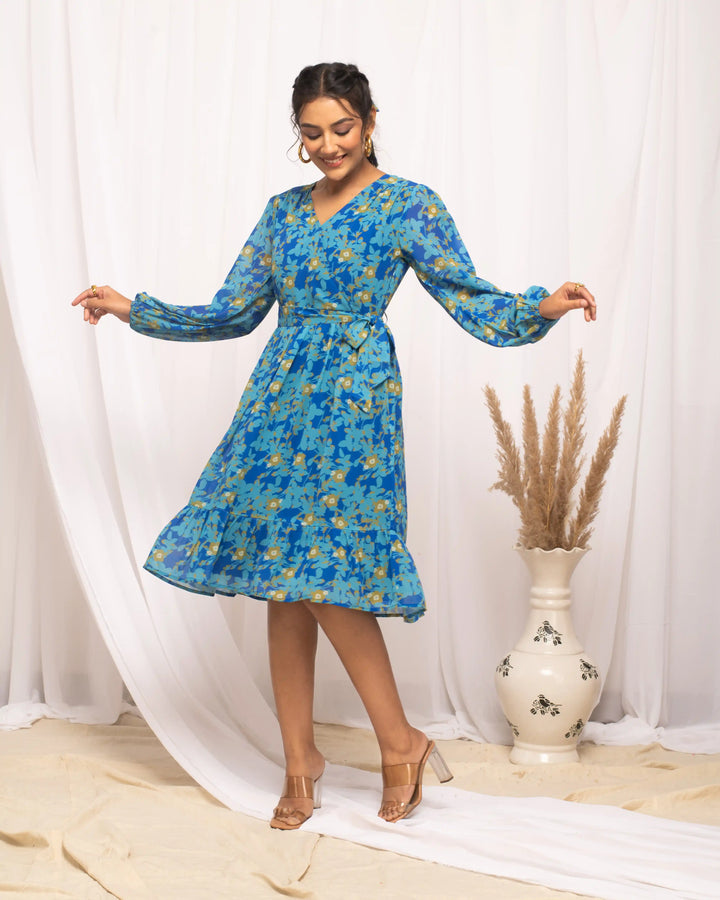 Blue Designer Printed Kurti | V-Neckline & Full Sleeves