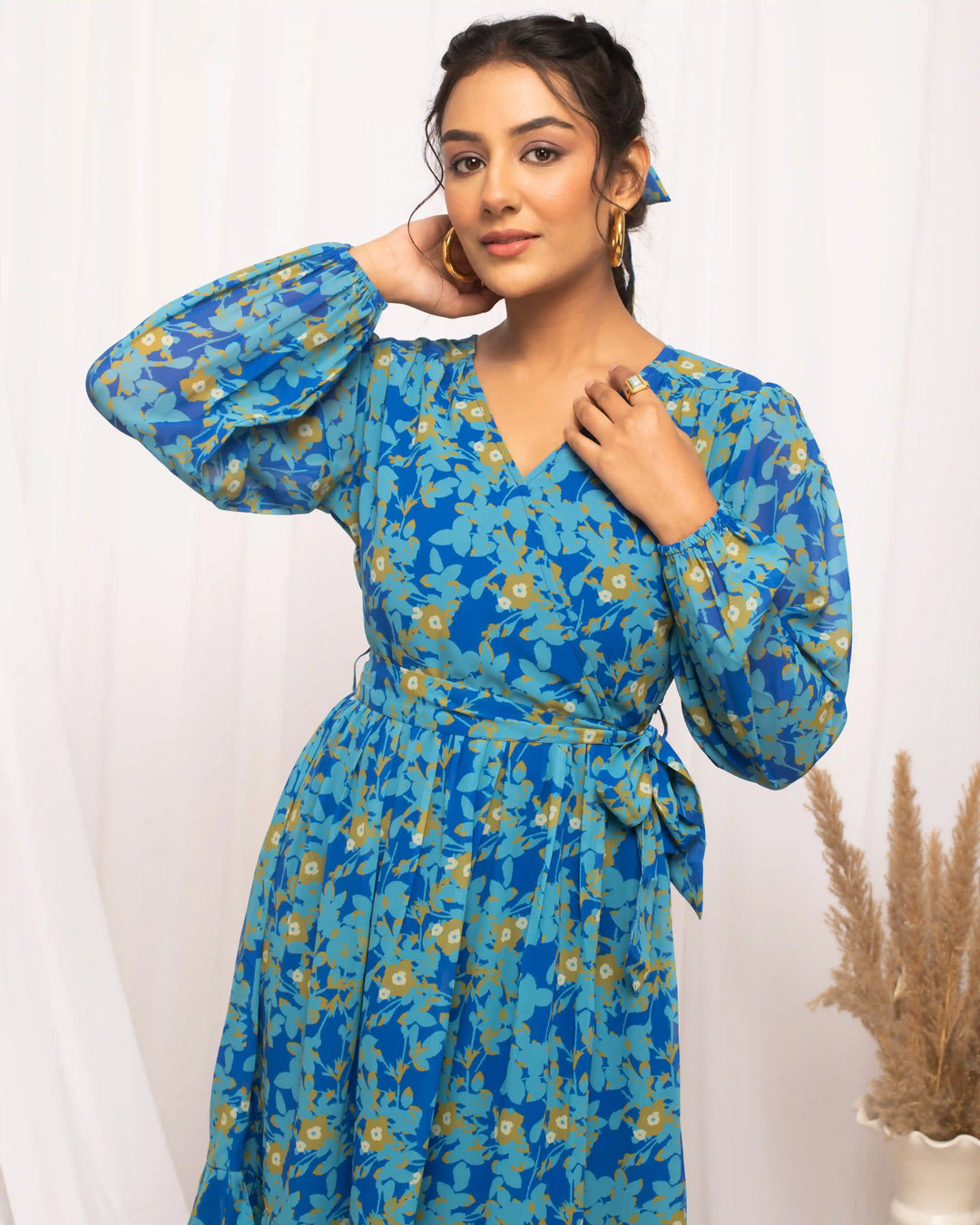 Blue Designer Printed Kurti | V-Neckline & Full Sleeves