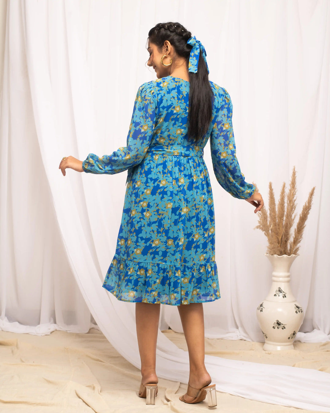 Blue Designer Printed Kurti | V-Neckline & Full Sleeves