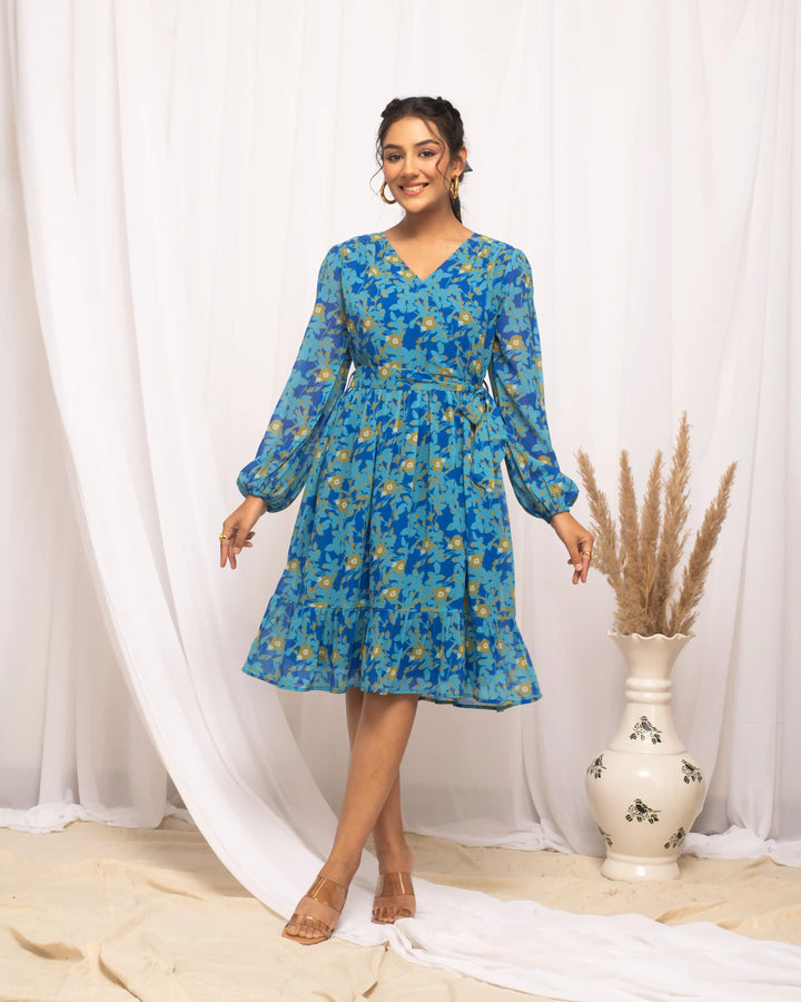 Blue Designer Printed Kurti | V-Neckline & Full Sleeves