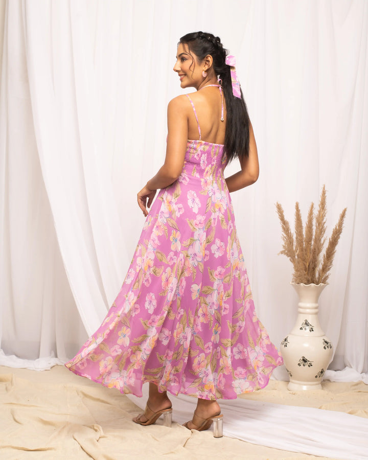 Chic Pink Georgette Kurti | Sleeveless with Halter Neck Design