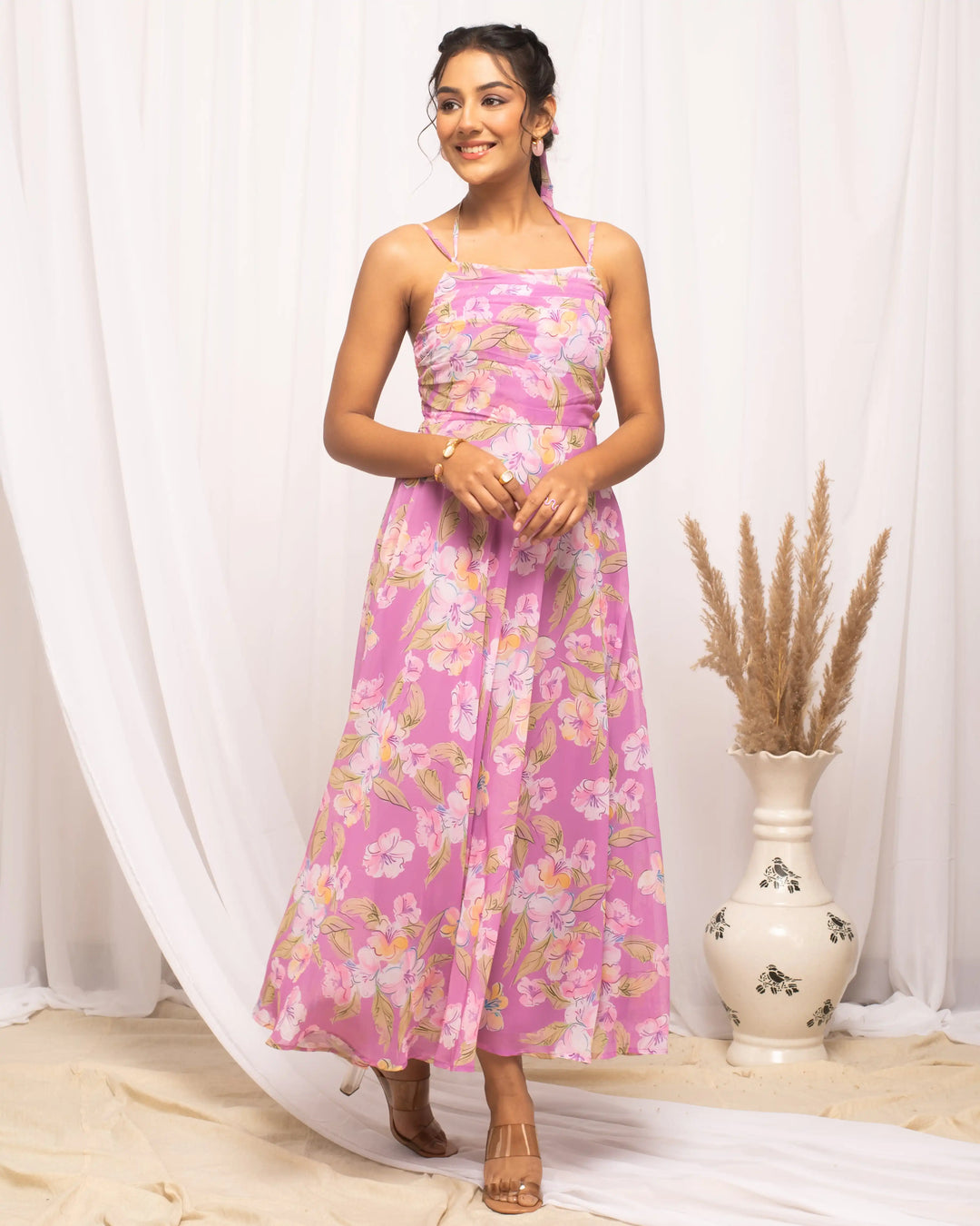 Chic Pink Georgette Kurti | Sleeveless with Halter Neck Design