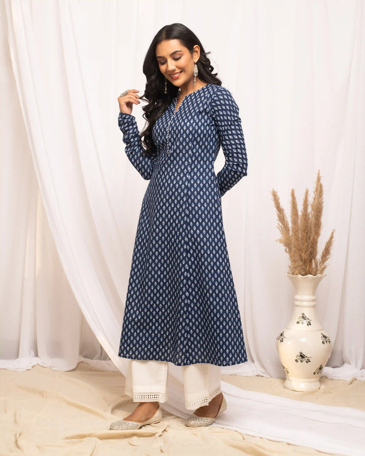 Stylish Printed Blue Kurti | Cotton Fabric with Long Sleeves
