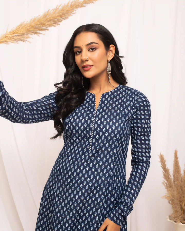 Stylish Printed Blue Kurti | Cotton Fabric with Long Sleeves