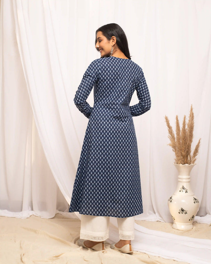 Stylish Printed Blue Kurti | Cotton Fabric with Long Sleeves