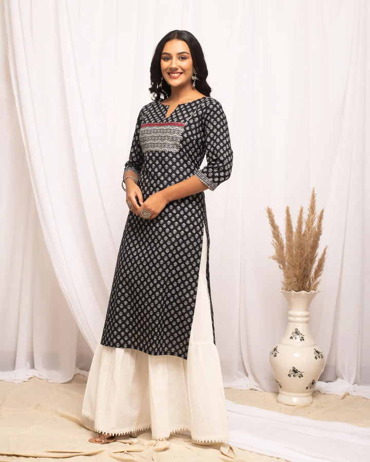 Black Designer Cotton Kurti | Portrait Neckline & Sophisticated Prints
