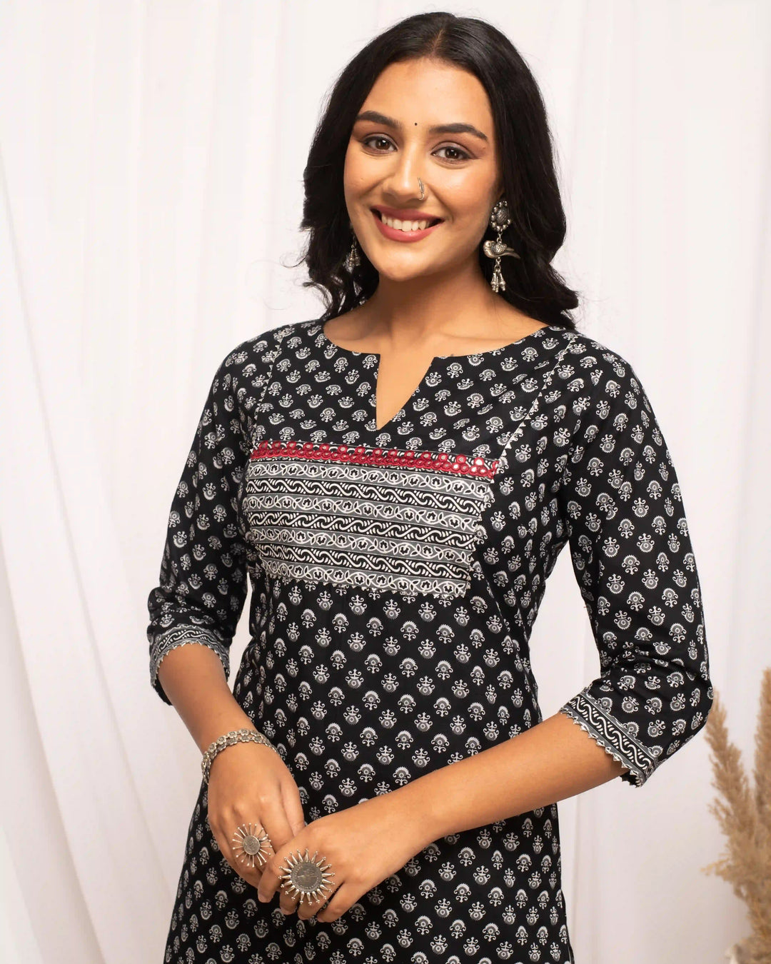 Black Designer Cotton Kurti | Portrait Neckline & Sophisticated Prints