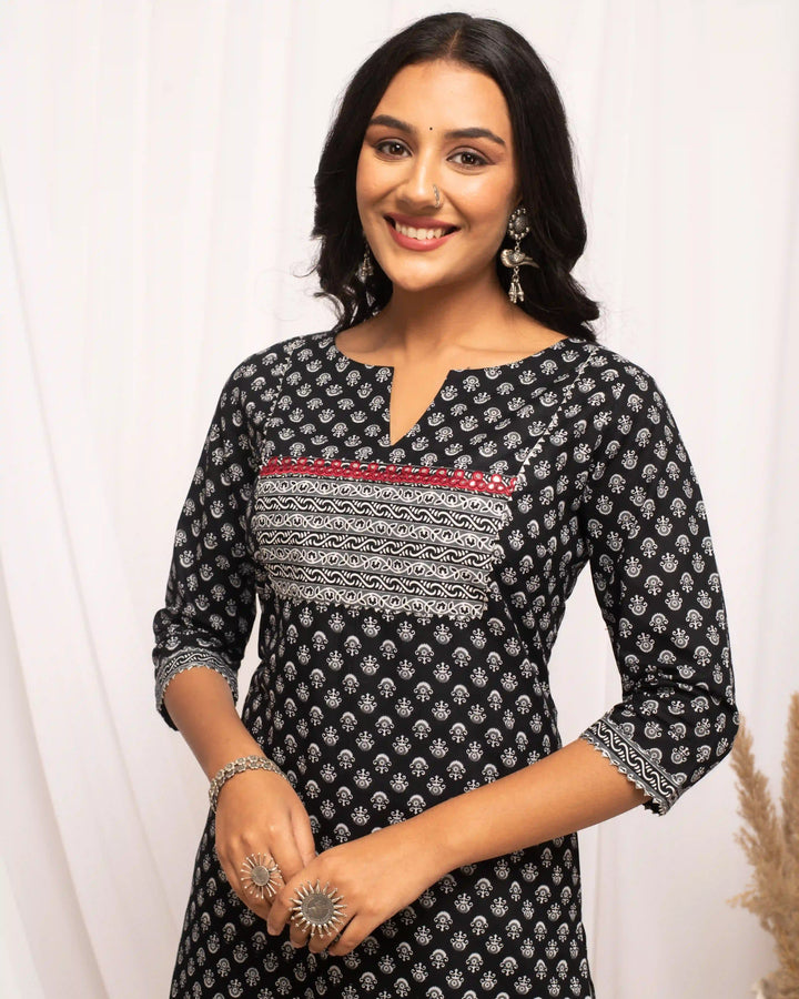 Black Designer Cotton Kurti | Portrait Neckline & Sophisticated Prints