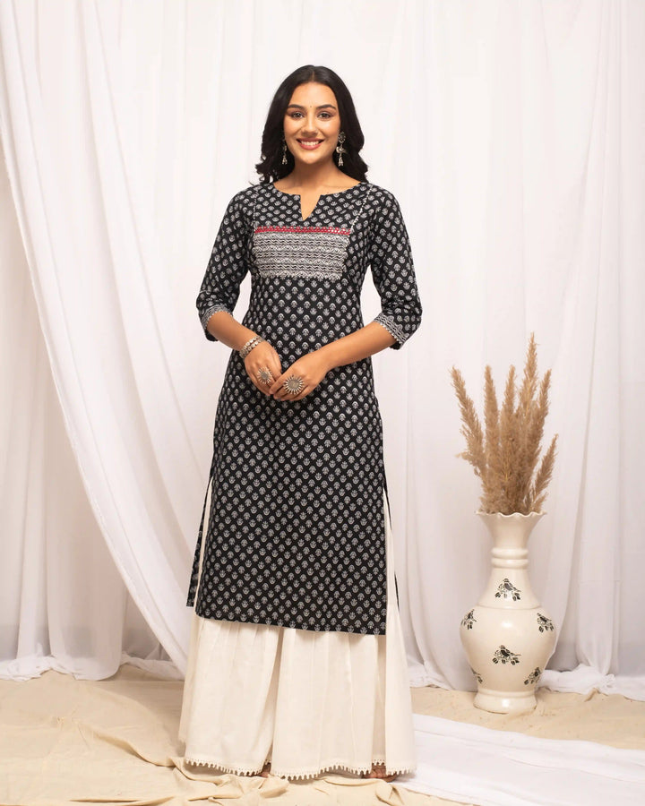 Black Designer Cotton Kurti | Portrait Neckline & Sophisticated Prints