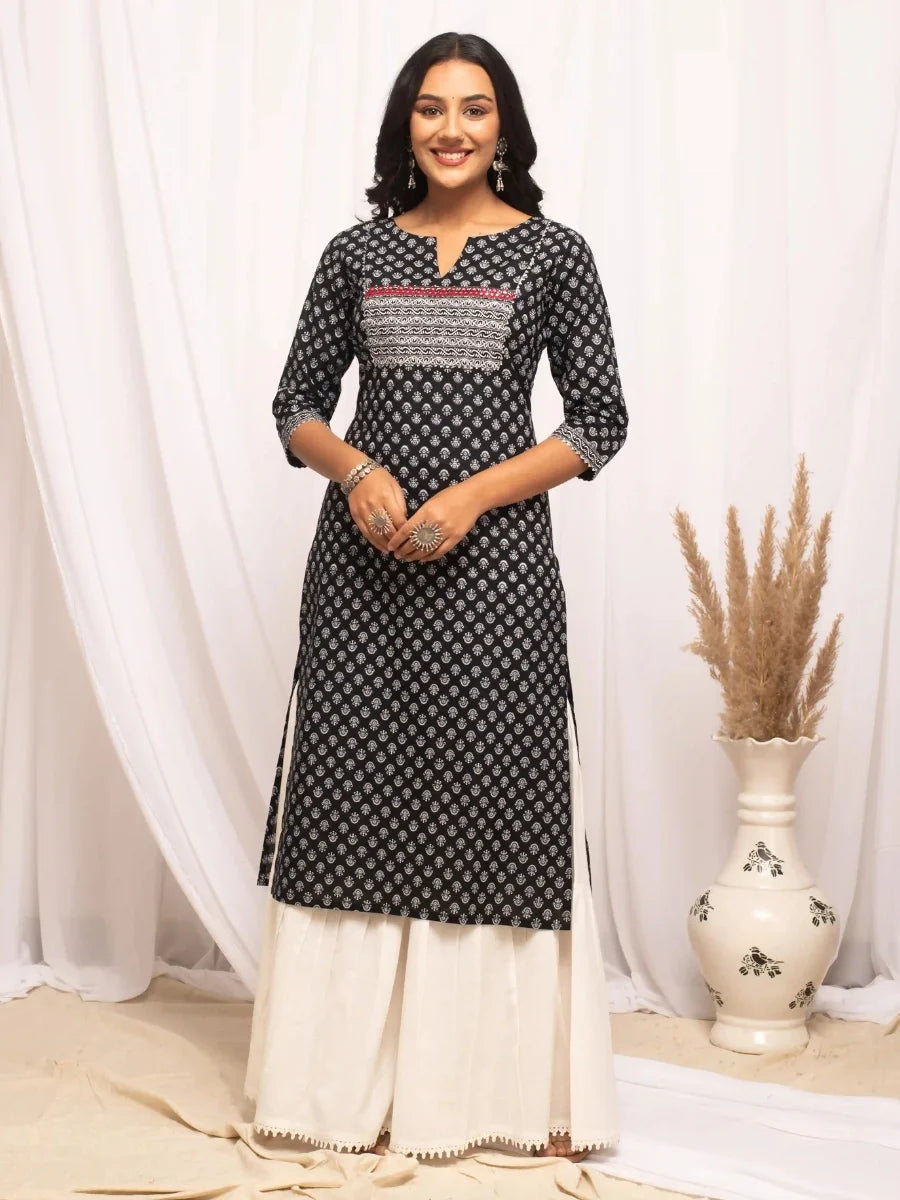 Black Designer Cotton Kurti | Portrait Neckline & Sophisticated Prints