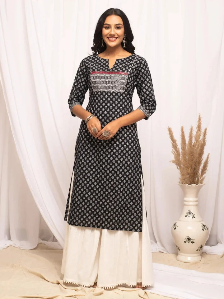 Black Designer Cotton Kurti | Portrait Neckline & Sophisticated Prints
