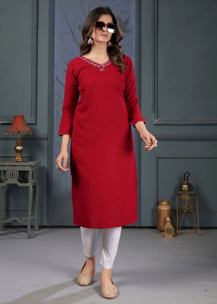 Maroon Hand Work Kurti with Pocket | Maaza Cotton Readymade Kurti