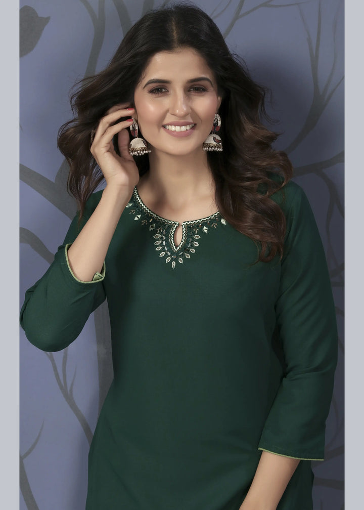 Stylish Dark Green Cotton Kurti | Hand Work and Pocket Maaza Fabric
