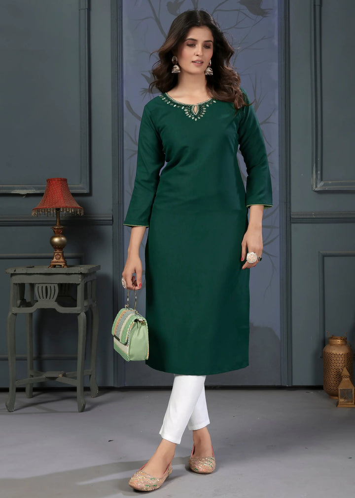 Stylish Dark Green Cotton Kurti | Hand Work and Pocket Maaza Fabric