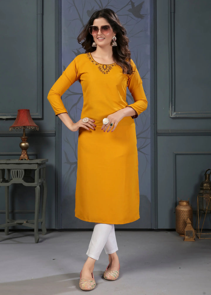 Elegant Yellow Cotton Kurti | Hand Work with Pocket Daily Wear