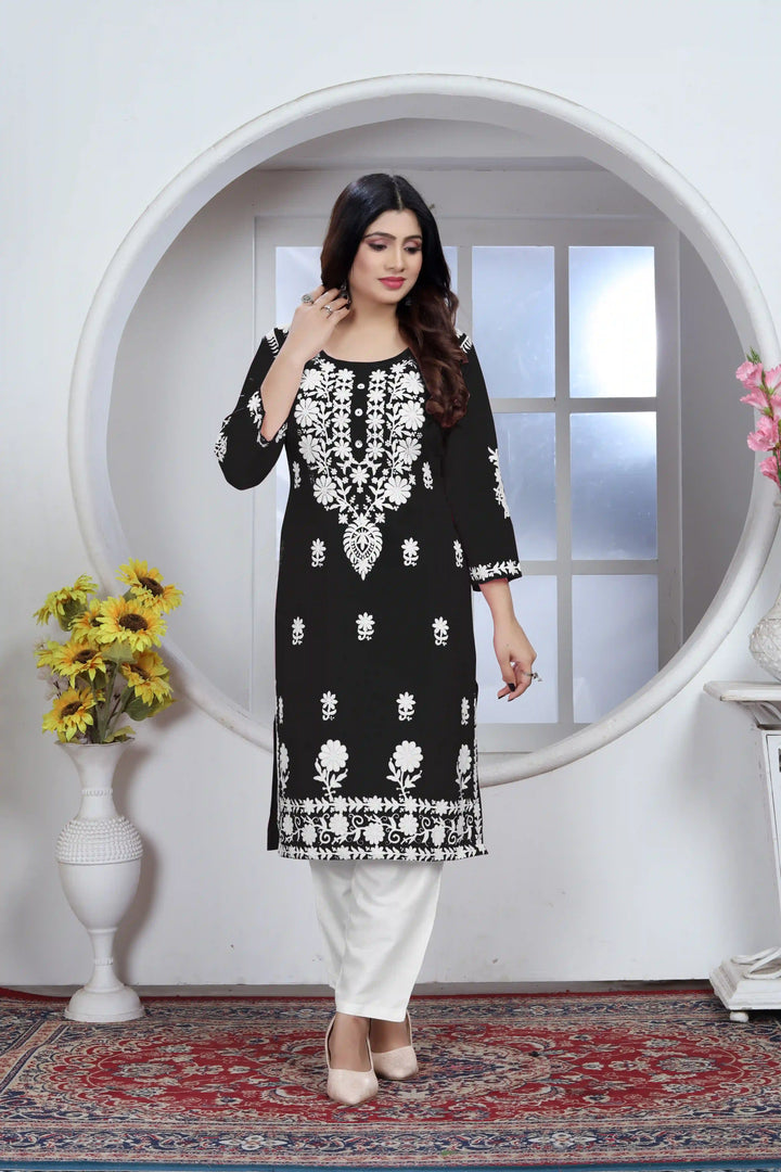Stylish Chikankari Kurti and Pant Set | Rayon Embroidered Ethnic Wear