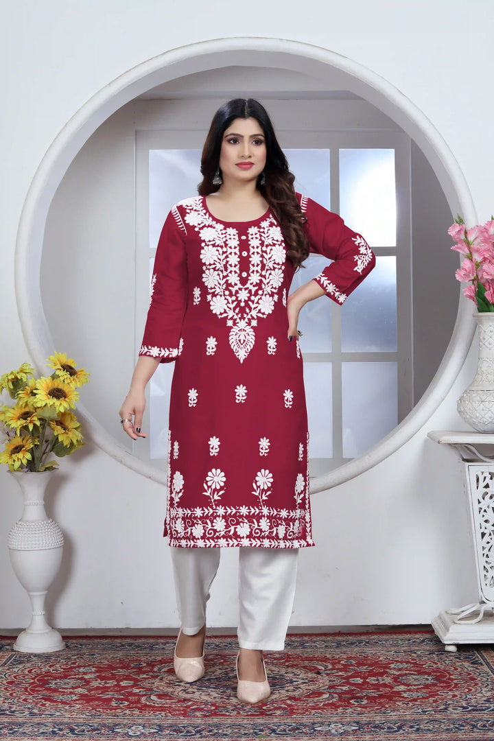 Stylish Chikankari Kurti and Pant Set | Rayon Embroidered Ethnic Wear