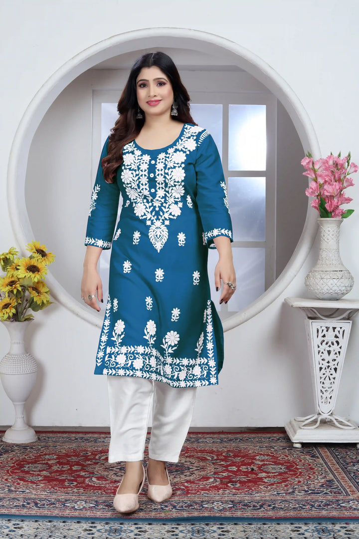 Stylish Chikankari Kurti and Pant Set | Rayon Embroidered Ethnic Wear
