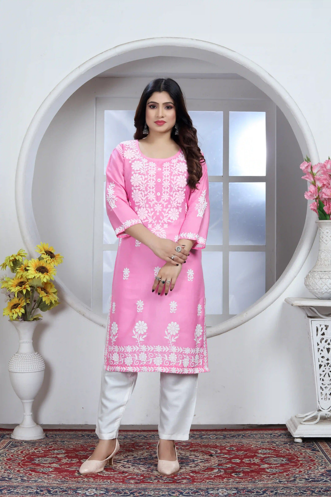 Stylish Chikankari Kurti and Pant Set | Rayon Embroidered Ethnic Wear