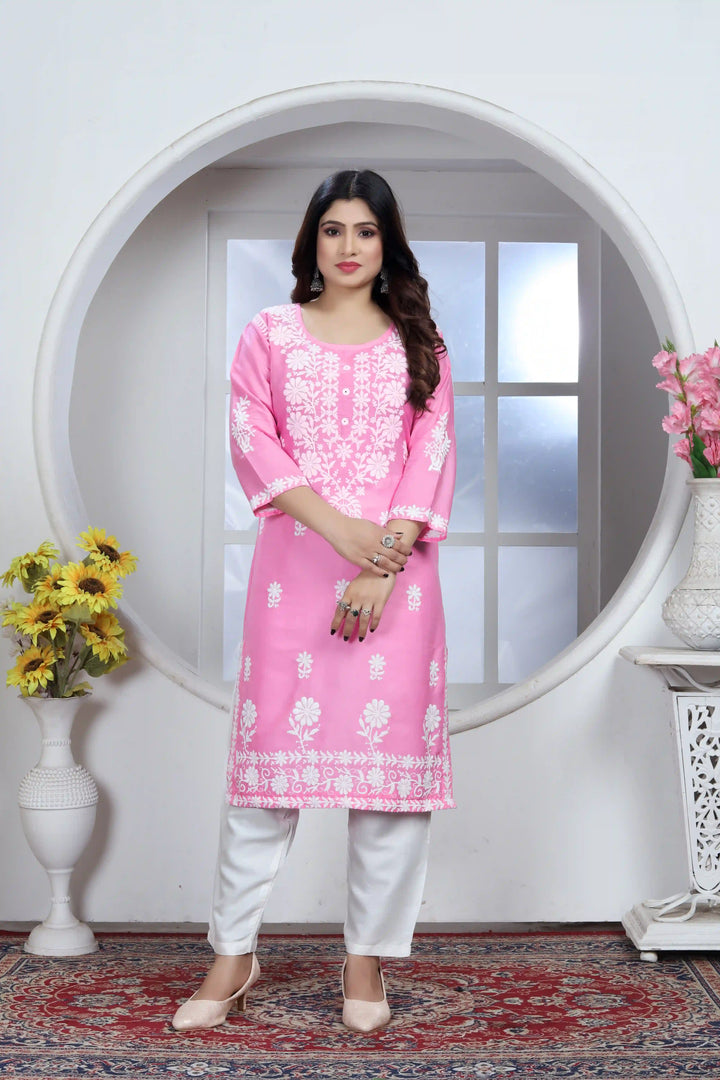 Stylish Chikankari Kurti and Pant Set | Rayon Embroidered Ethnic Wear