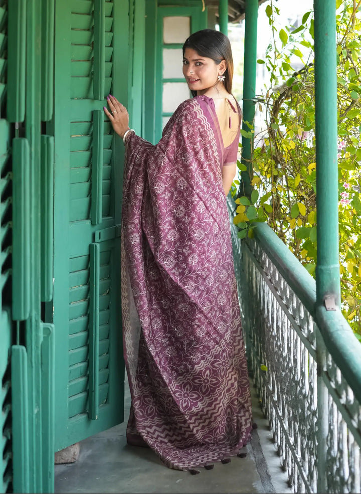 Tussar Silk Saree | Batik Printed & Embroidered for Weddings & Events
