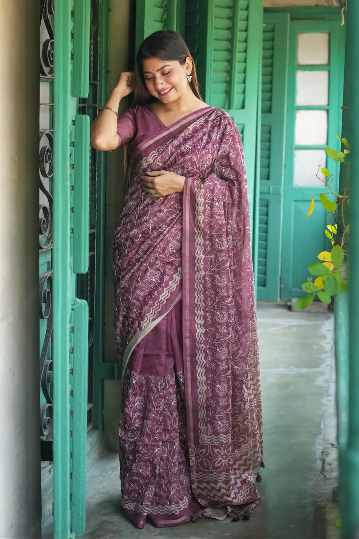 Tussar Silk Saree | Batik Printed & Embroidered for Weddings & Events