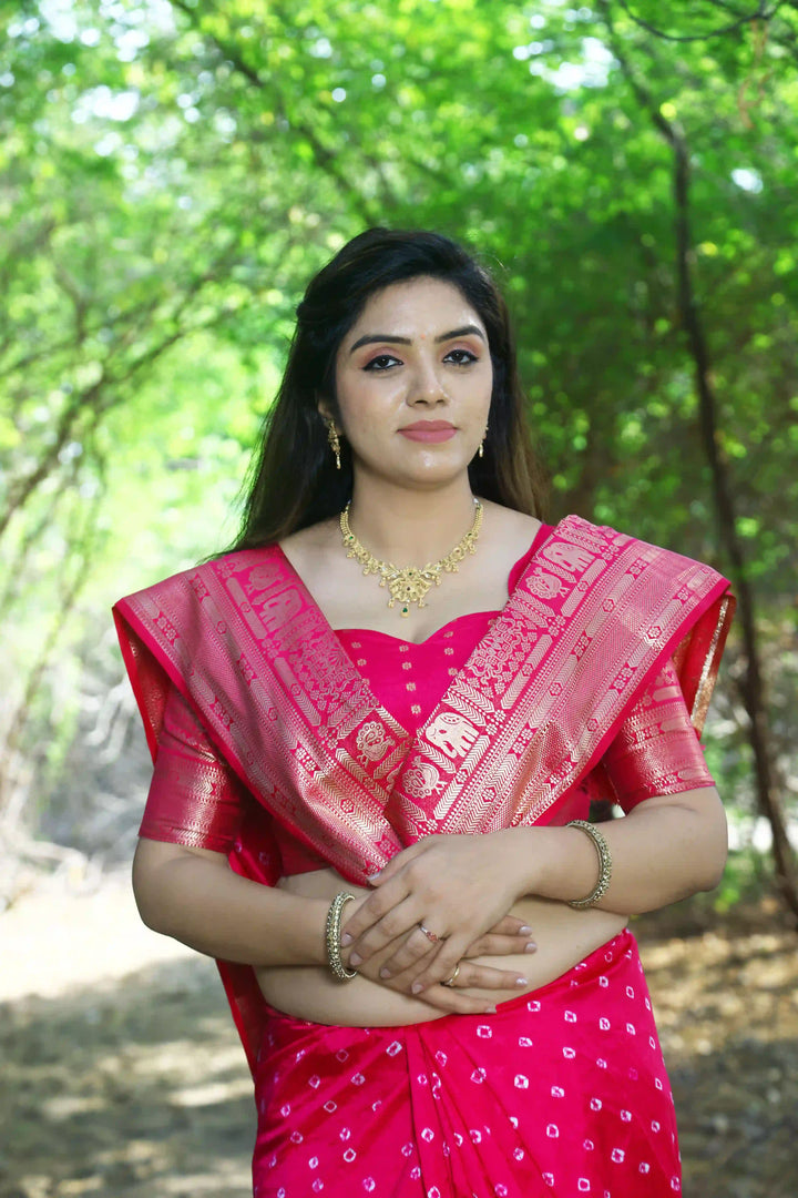 Kanjivaram Silk Saree | Wevon Jari Designer Bandhej Print for Weddings