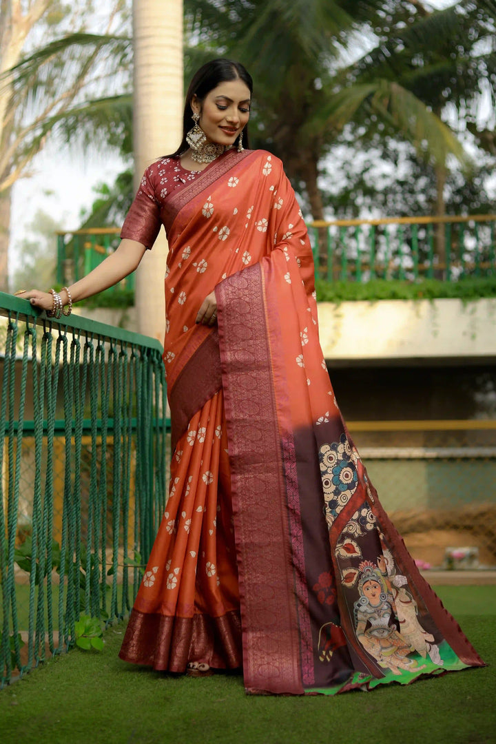 Dola-Silk Saree with Wevon-Border | Kalamkari & Digital Print for Weddings