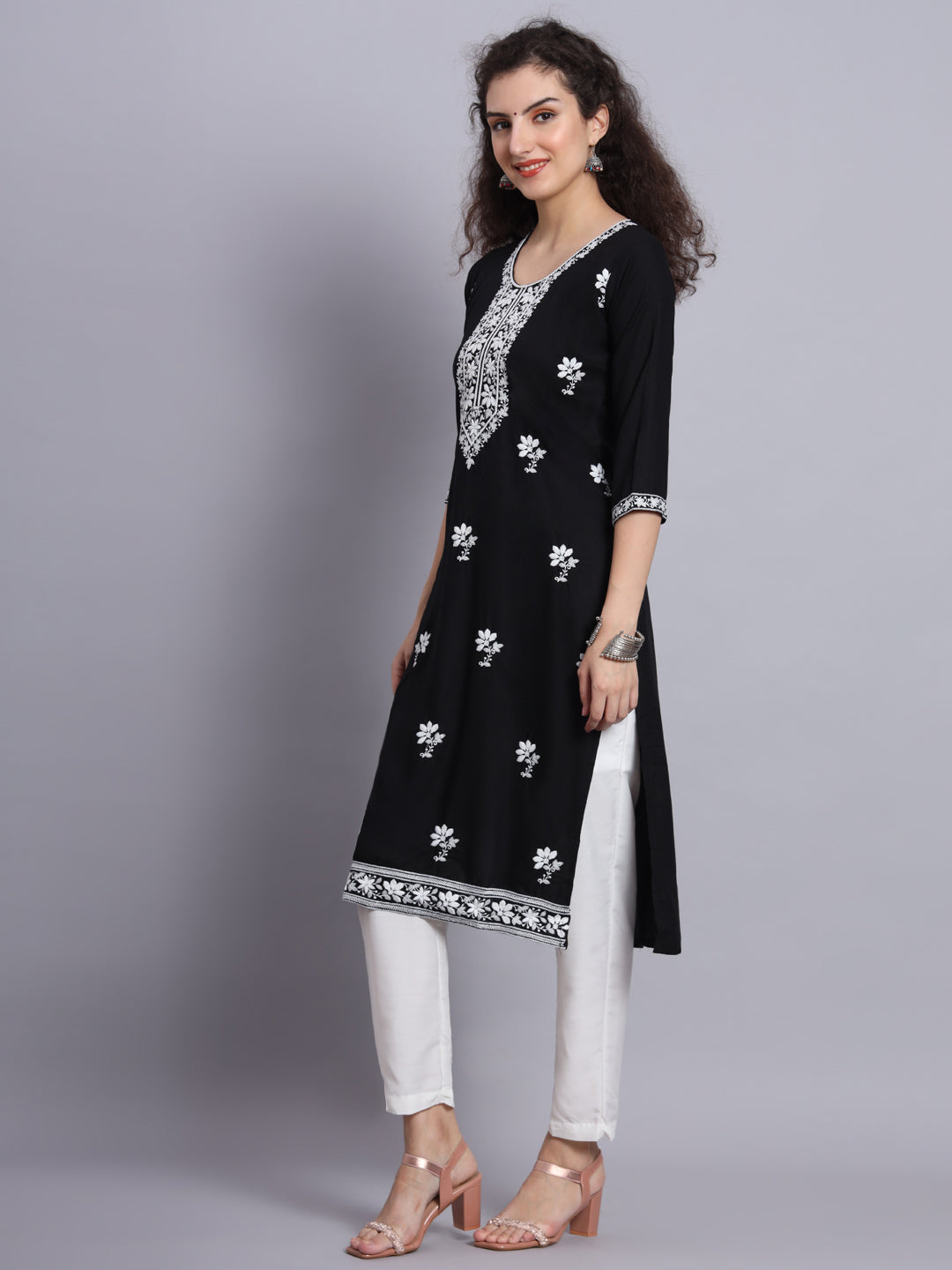 Chikankari Embroidered Straight Kurta | Resham Rayon Lucknowi Kurti