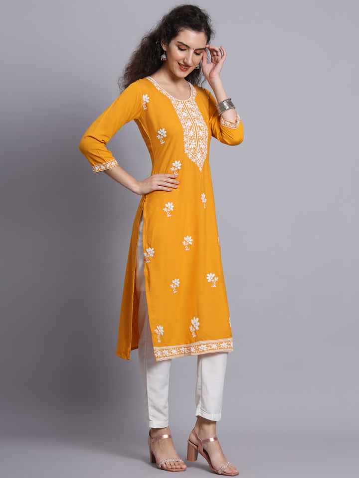 Chikankari Embroidered Straight Kurta | Resham Rayon Lucknowi Kurti