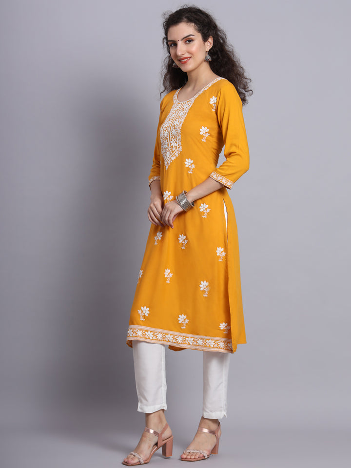 Chikankari Embroidered Straight Kurta | Resham Rayon Lucknowi Kurti