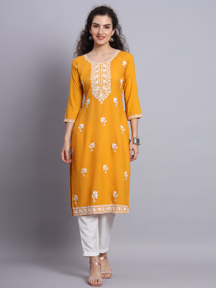 Chikankari Embroidered Straight Kurta | Resham Rayon Lucknowi Kurti