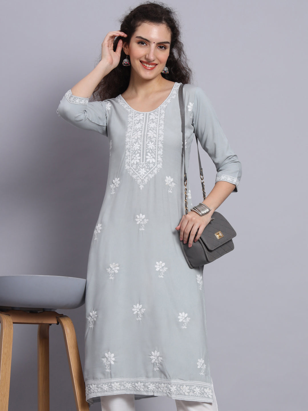 Chikankari Embroidered Straight Kurta | Resham Rayon Lucknowi Kurti