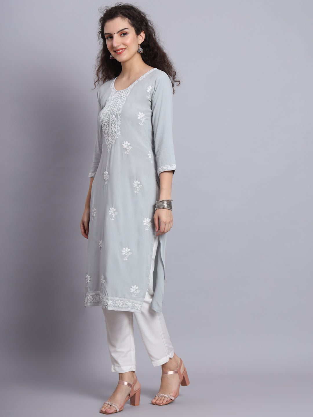 Chikankari Embroidered Straight Kurta | Resham Rayon Lucknowi Kurti