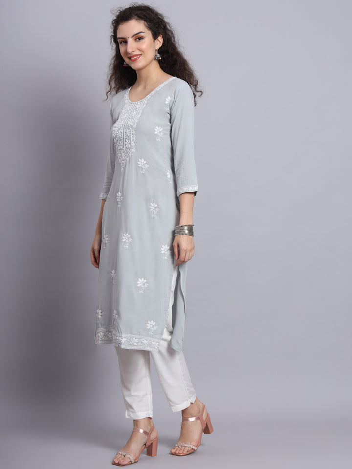 Chikankari Embroidered Straight Kurta | Resham Rayon Lucknowi Kurti