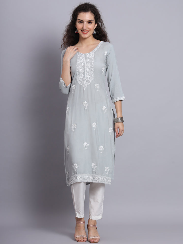 Chikankari Embroidered Straight Kurta | Resham Rayon Lucknowi Kurti