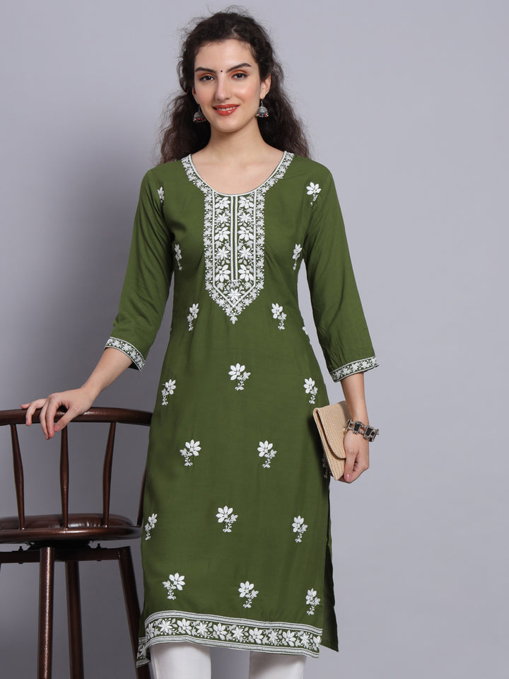 Chikankari Embroidered Straight Kurta | Resham Rayon Lucknowi Kurti