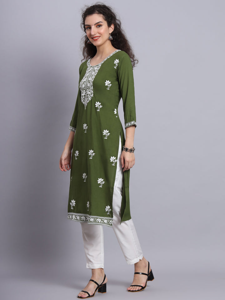 Chikankari Embroidered Straight Kurta | Resham Rayon Lucknowi Kurti
